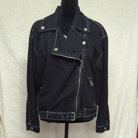 Forever 21 Black and Silver Jean Jacket Asymmetrical Design - Picture 1 of 9
